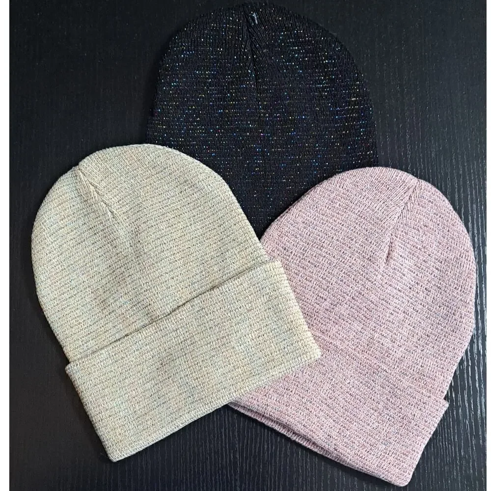 3 Winter Knit Toboggan Beanie Hats Solid Color With Rainbow Sparkle Threads OSFM
